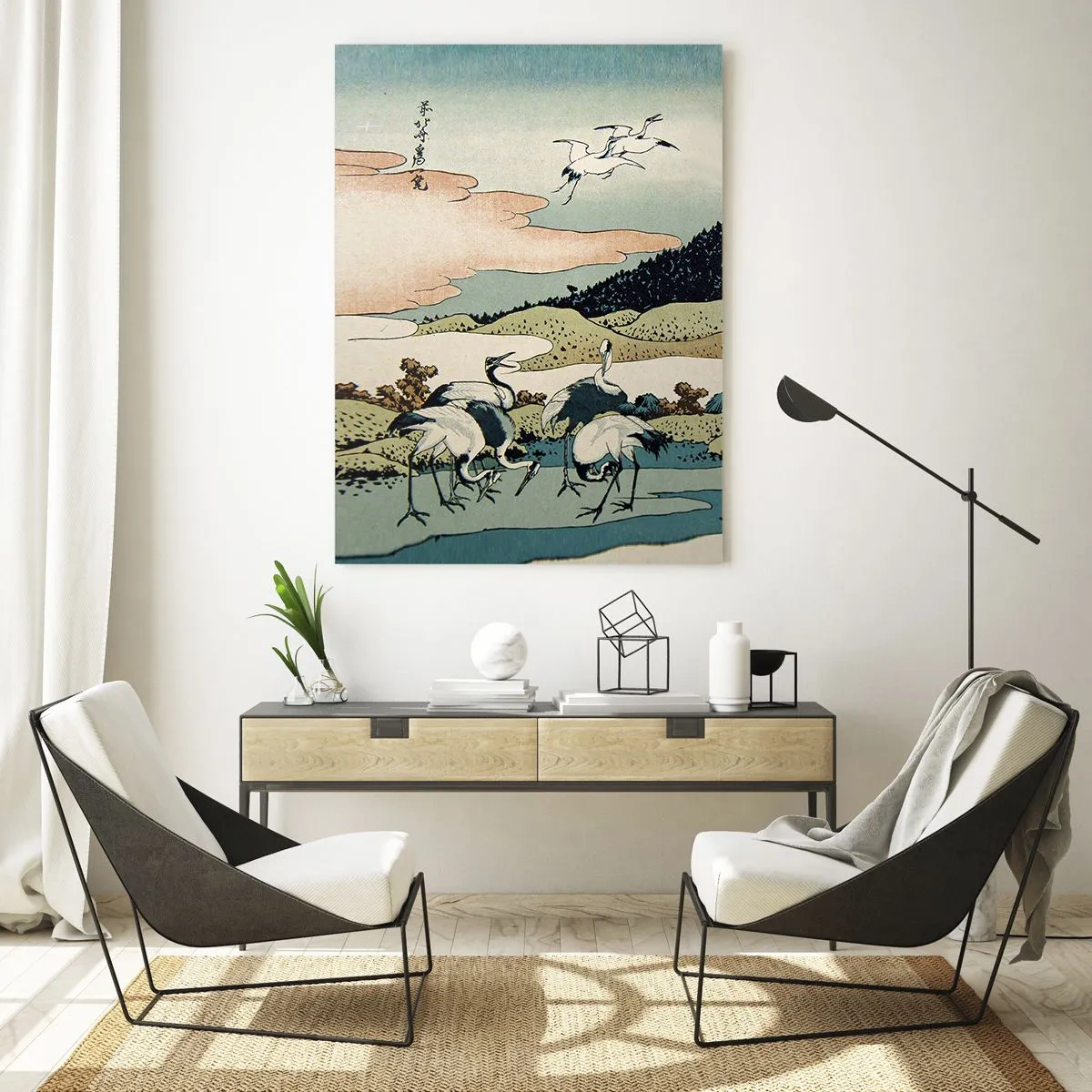 Quadro su vetro - Grafica tradizionale giapponese con montagne e gru - 70x100cm - Nello spirito giapponese - Decorazione murale moderna per soggiorno e camera da letto ARTTOR
