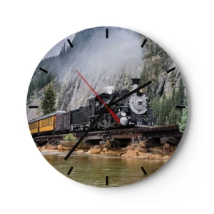 Orologio da parete - Orologio in Vetro - Una locomotiva a vapore su un ponte in un paesaggio montuoso sopra un fiume - 30x30cm - Dove andiamo? - Decorazione murale moderna per soggiorno, cucina e camera da letto ARTTOR