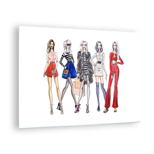 Quadro su vetro - Personaggi alla moda in abiti eleganti nell'illustrazione - 70x50cm - Every week Fashion Week - Decorazione murale moderna per soggiorno e camera da letto ARTTOR