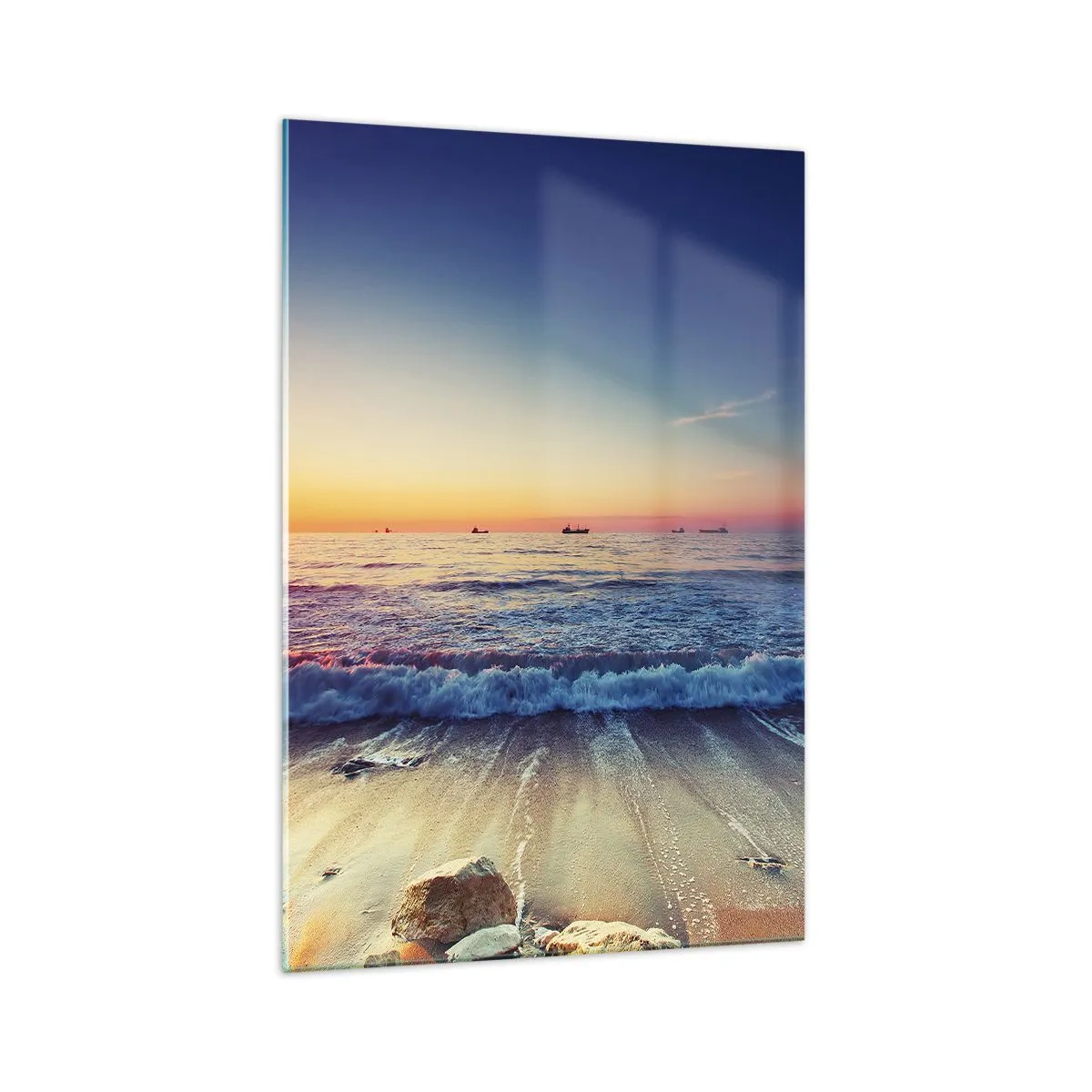 Quadro su vetro - Tramonto su un mare calmo con onde - 70x100cm - Cosa c'è dietro l'orizzonte? - Decorazione murale moderna per soggiorno e camera da letto ARTTOR