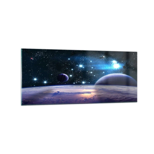 Quadro su vetro - Una vista dello spazio con pianeti e stelle - 120x50cm - Sempre da soli? - Decorazione murale moderna per soggiorno e camera da letto ARTTOR