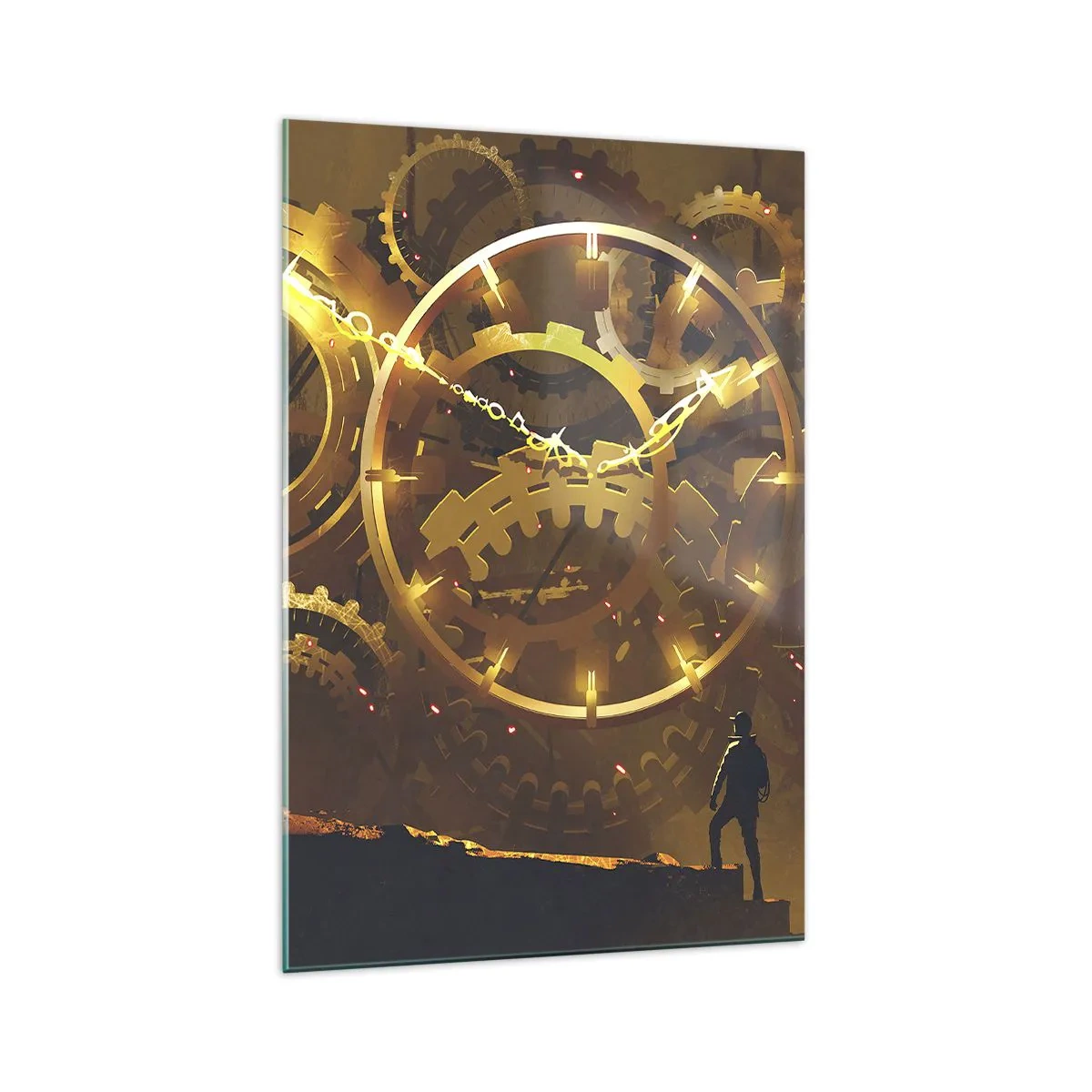 Quadro su vetro - Ingranaggi dorati in un ambiente surreale con una figura - 70x100cm - Alla fonte del tempo - Decorazione murale moderna per soggiorno e camera da letto ARTTOR