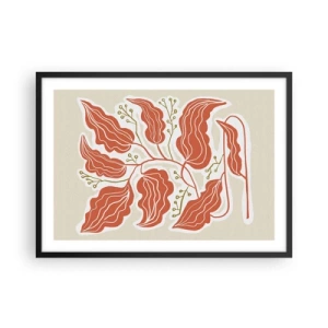 Poster in cornice nera - Un motivo a foglie minimalista nelle tonalità dell'arancione e del verde. - 70x50cm - Folklore color corallo - Decorazione murale moderna per soggiorno e camera da letto ARTTOR