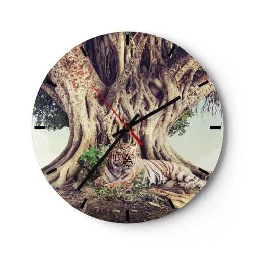 Orologio da parete - Orologio in Vetro - Una tigre sdraiata ai piedi di un albero possente - 30x30cm - Vista dal Libro della Genesi - Decorazione murale moderna per soggiorno, cucina e camera da letto ARTTOR