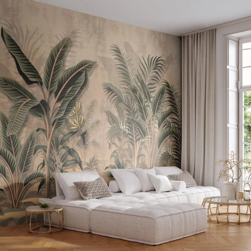 Fotomurali Premium Sand - Incisione in stile coloniale - Foresta tropicale, Palma da cocco, Albero di banane - 350x256 cm
