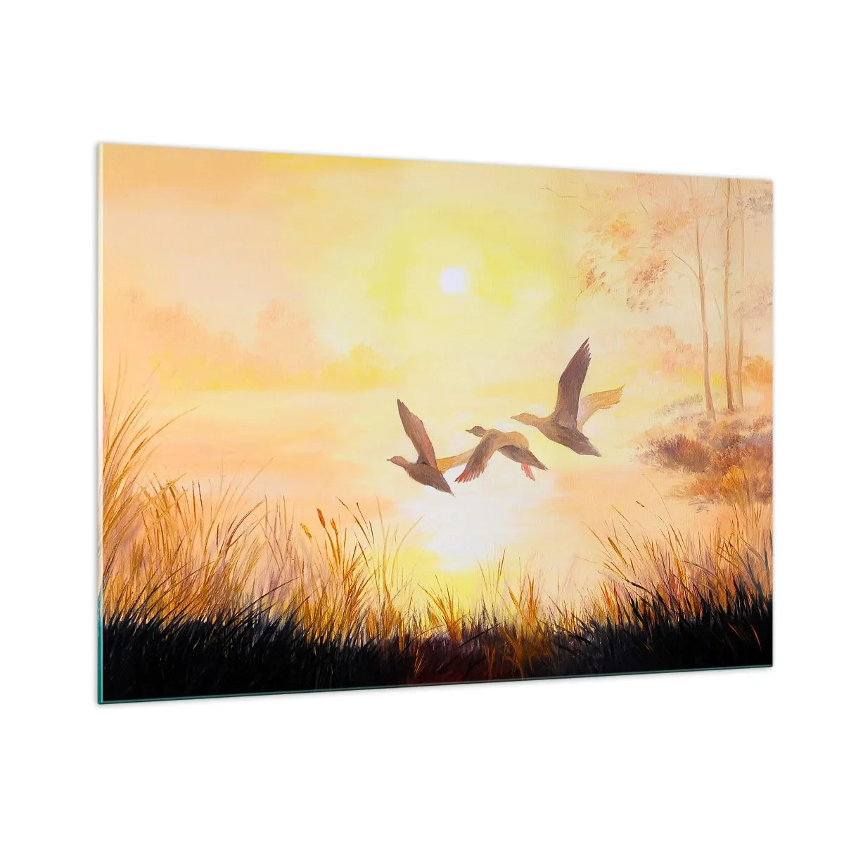 Quadro su vetro - Tre anatre che volano sopra un lago all'alba - 100x70cm - L'inizio di un lungo viaggio - Decorazione murale moderna per soggiorno e camera da letto ARTTOR