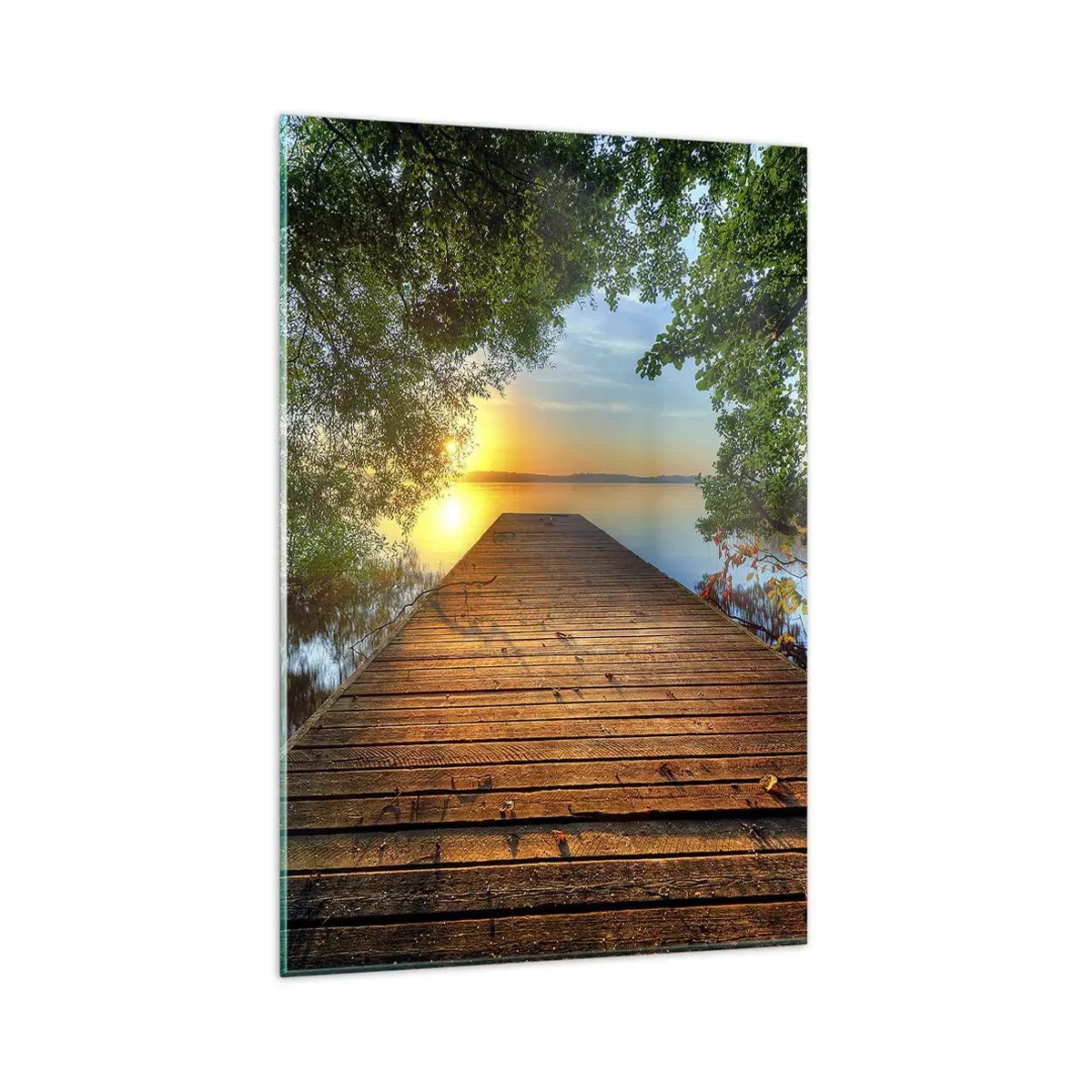 Quadro su vetro - Un molo di legno circondato dal verde durante il tramonto - 80x120cm - Non avere fretta, siediti - Decorazione murale moderna per soggiorno e camera da letto ARTTOR