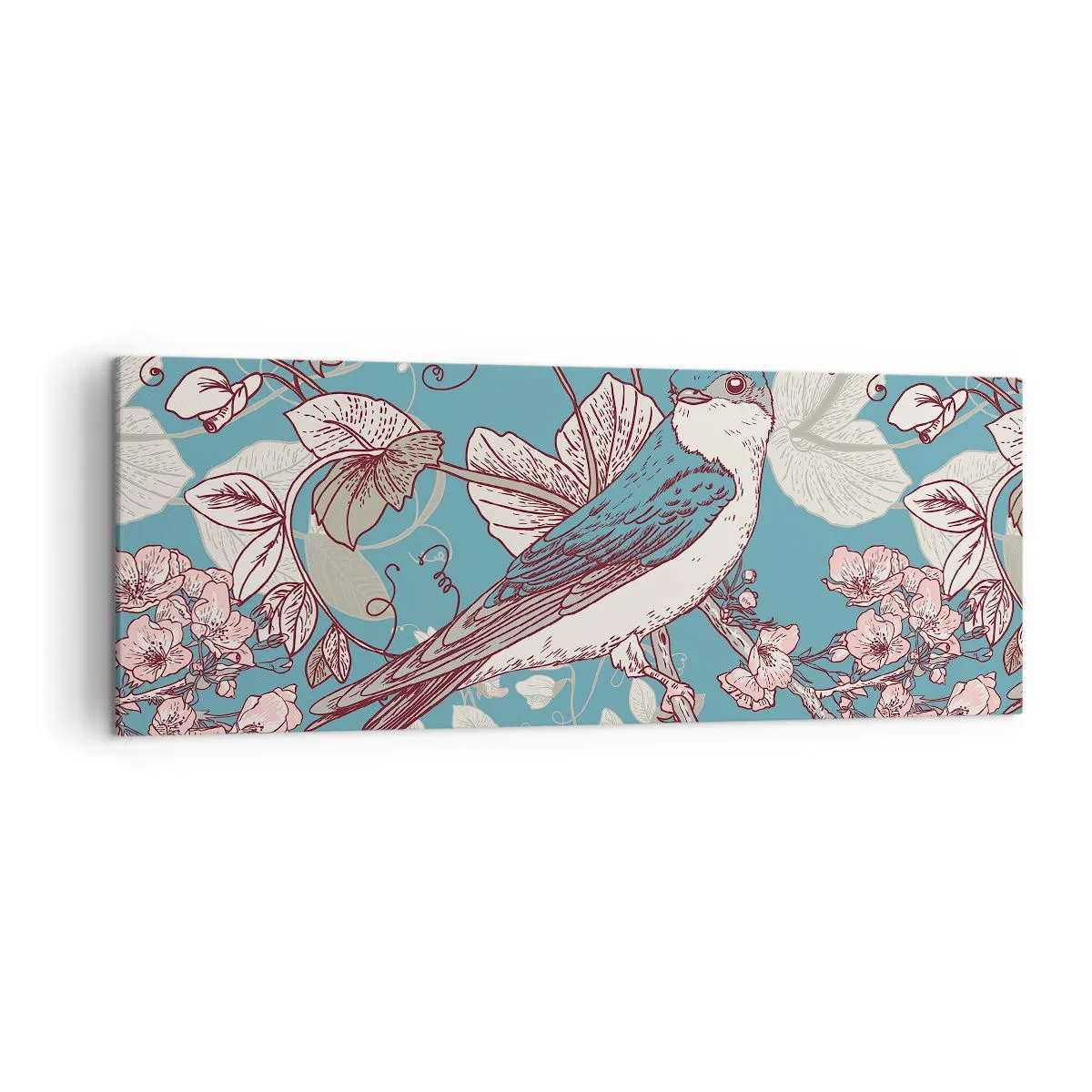 Quadro su tela - Stampe su Tela - Un uccello su un ramo in un delicato stile floreale - 140x50cm - Sul pioppo riflessi e cinguettii - Decorazione murale moderna per soggiorno e camera da letto ARTTOR