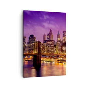 Quadro su tela - Stampe su Tela - Panorama della città con il ponte nella luce della sera contro il cielo viola - 50x70cm - Manhattan in viola e oro - Decorazione murale moderna per soggiorno e camera da letto ARTTOR