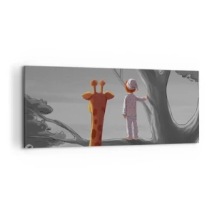 Quadro su tela - Stampe su Tela - Un bambino e una giraffa su un ramo di un albero in un paesaggio da favola - 120x50cm - Sta succedendo davvero - Decorazione murale moderna per soggiorno e camera da letto ARTTOR