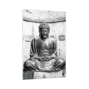 Quadro su vetro - Statua del Buddha in bianco e nero in posa meditativa - 80x120cm - Alla fonte della pace - Decorazione murale moderna per soggiorno e camera da letto ARTTOR