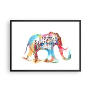 Poster in cornice nera - Dipinto ad acquerello colorato di un elefante con un motivo del Taj Mahal - 70x50cm - India: aura d'amore - Decorazione murale moderna per soggiorno e camera da letto ARTTOR