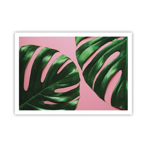 Poster - Foglie di monstera verdi su sfondo rosa - 100x70cm - Appuntamento in verde - Decorazione murale moderna per soggiorno e camera da letto ARTTOR