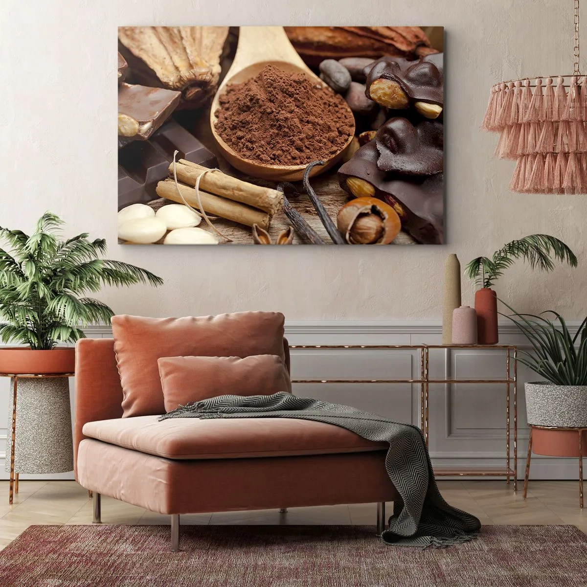 Quadro su tela - Stampe su Tela - Un cucchiaio di cacao e ingredienti al cioccolato in una disposizione rustica - 70x50cm - Ideale per i momenti di tristezza - Decorazione murale moderna per soggiorno e camera da letto ARTTOR