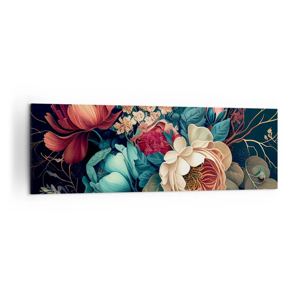 Quadro su tela - Stampe su Tela - Una composizione colorata di fiori su uno sfondo scuro - 160x50cm - Il fascino del 19esimo secolo - Decorazione murale moderna per soggiorno e camera da letto ARTTOR
