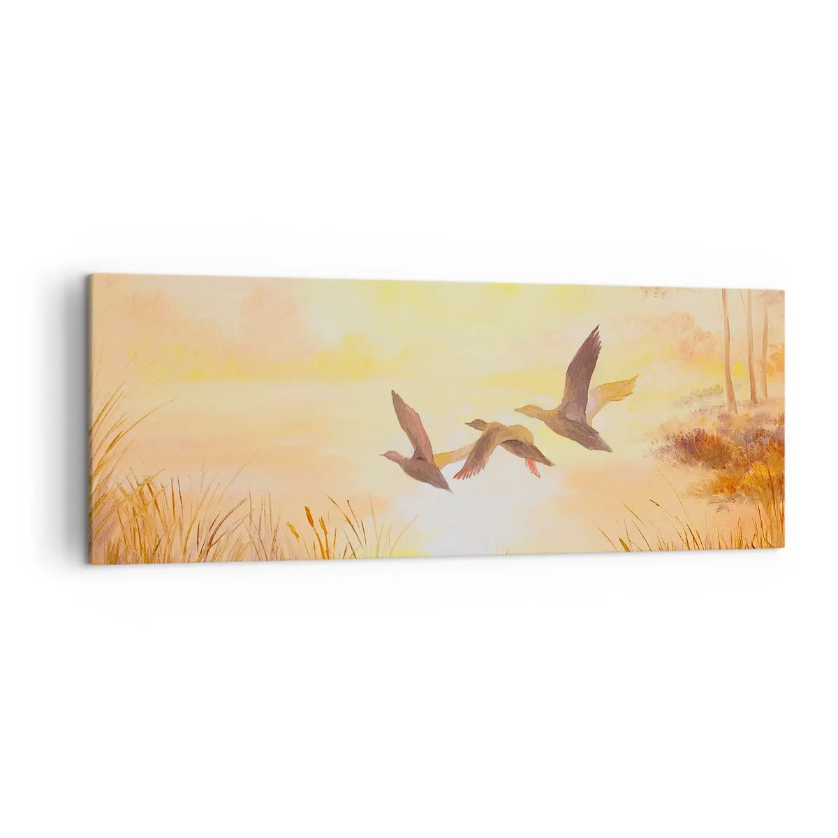 Quadro su tela - Stampe su Tela - Anatre che volano all'alba sul lago - 140x50cm - L'inizio di un lungo viaggio - Decorazione murale moderna per soggiorno e camera da letto ARTTOR