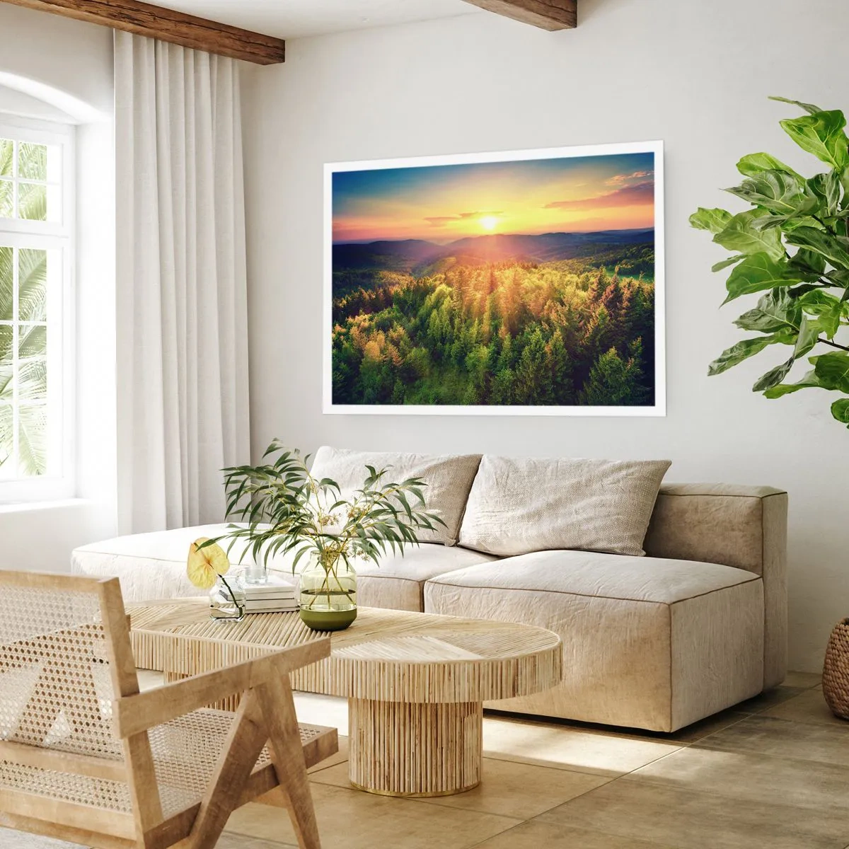 Poster - Paesaggio forestale con tramonto sulle colline - 100x70cm - Vette e cime - Decorazione murale moderna per soggiorno e camera da letto ARTTOR