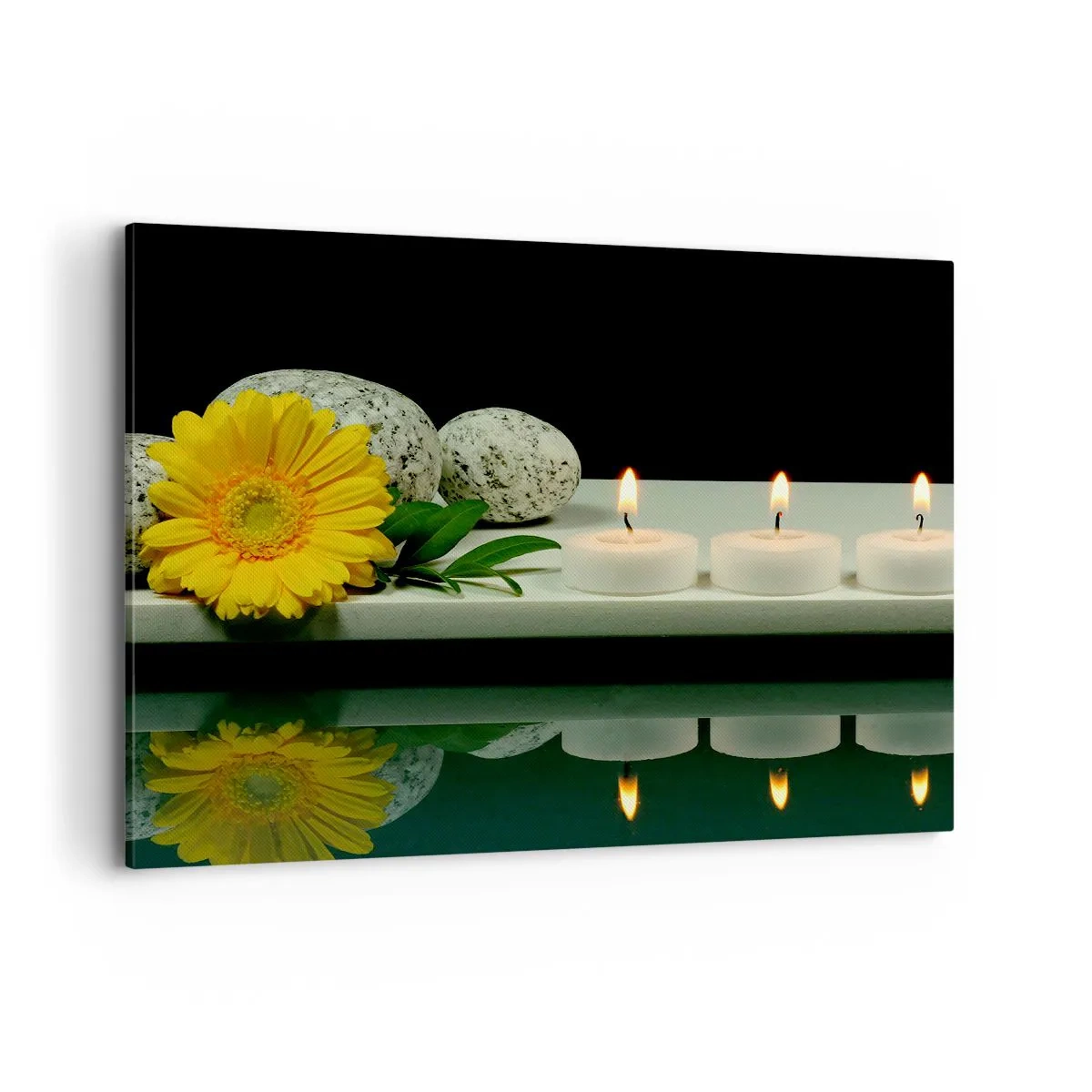 Quadro su tela - Stampe su Tela - Fiore giallo, candele e pietre sullo sfondo dell'acqua - 100x70cm - Il sollievo dei sensi - Decorazione murale moderna per soggiorno e camera da letto ARTTOR