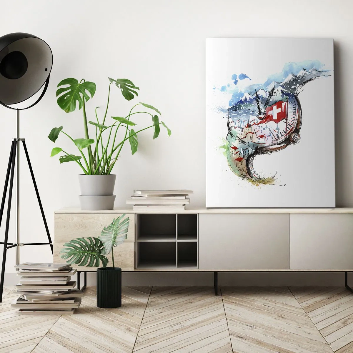 Quadro su tela - Stampe su Tela - Un paesaggio ad acquerello della Svizzera in un design a orologeria - 50x70cm - Lo spirito della Svizzera - Decorazione murale moderna per soggiorno e camera da letto ARTTOR