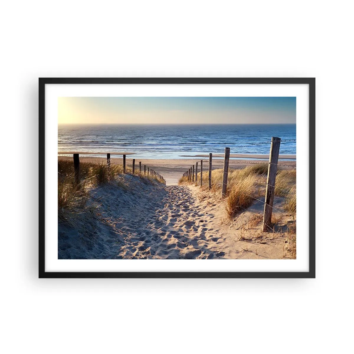 Poster in cornice nera - Sentiero tra le dune che conduce alla spiaggia - 70x50cm - Rumore del mare, uccelli che cantano, spiaggia selvatica tra i cespugli... - Decorazione murale moderna per soggiorno e camera da letto ARTTOR