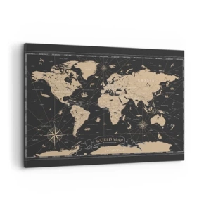 Quadro su tela - Stampe su Tela - Una mappa del mondo stilizzata su sfondo nero con dettagli beige. - 100x70cm - I confini del mio mondo - Decorazione murale moderna per soggiorno e camera da letto ARTTOR