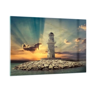 Quadro su vetro - Un faro sullo sfondo del sole al tramonto - 120x80cm - Luce - Bontà - Bellezza - Decorazione murale moderna per soggiorno e camera da letto ARTTOR