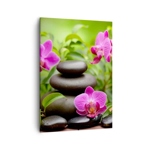 Quadro su tela - Stampe su Tela - Orchidee rosa con pietre su sfondo verde - 50x70cm - Piramide di pace - Decorazione murale moderna per soggiorno e camera da letto ARTTOR