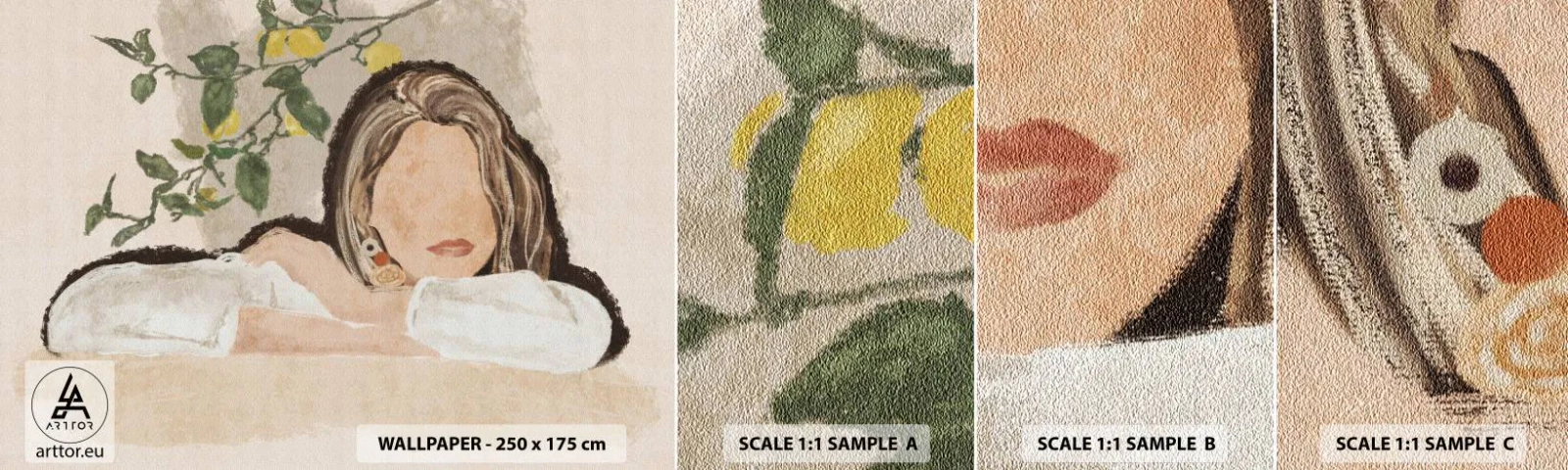 Campione Di Fotomurale Standard Eco - Bellezza del sud - Donna, Limoni, Minimalismo - 100x30 cm