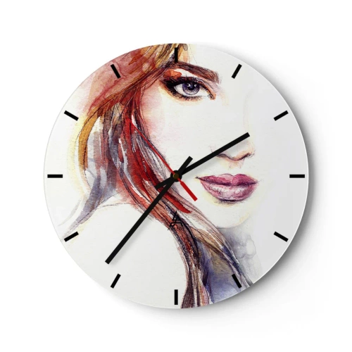 Orologio da parete - Orologio in Vetro - Illustrazione ad acquerello di una donna dallo sguardo espressivo - 30x30cm - Vademecum: seguimi - Decorazione murale moderna per soggiorno, cucina e camera da letto ARTTOR