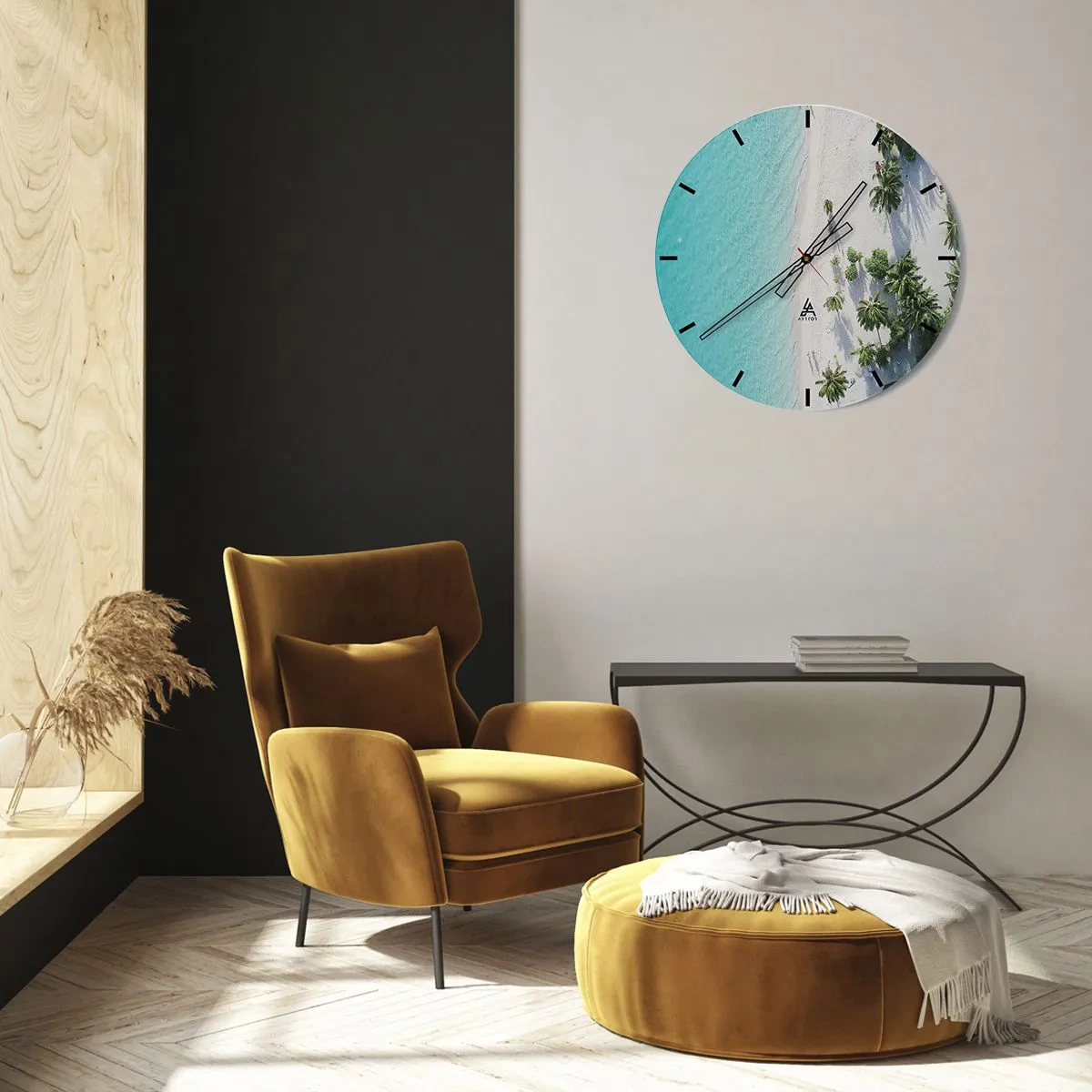 Orologio da parete - Orologio in Vetro - Vista dall'alto della spiaggia con acqua turchese e palme - 30x30cm - Vacanze in paradiso - Decorazione murale moderna per soggiorno, cucina e camera da letto ARTTOR
