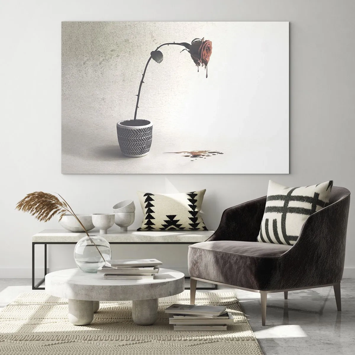 Quadro su vetro - Una rosa simbolica in un vaso con vernice gocciolante - 100x70cm - Rosa dolorosa - Decorazione murale moderna per soggiorno e camera da letto ARTTOR