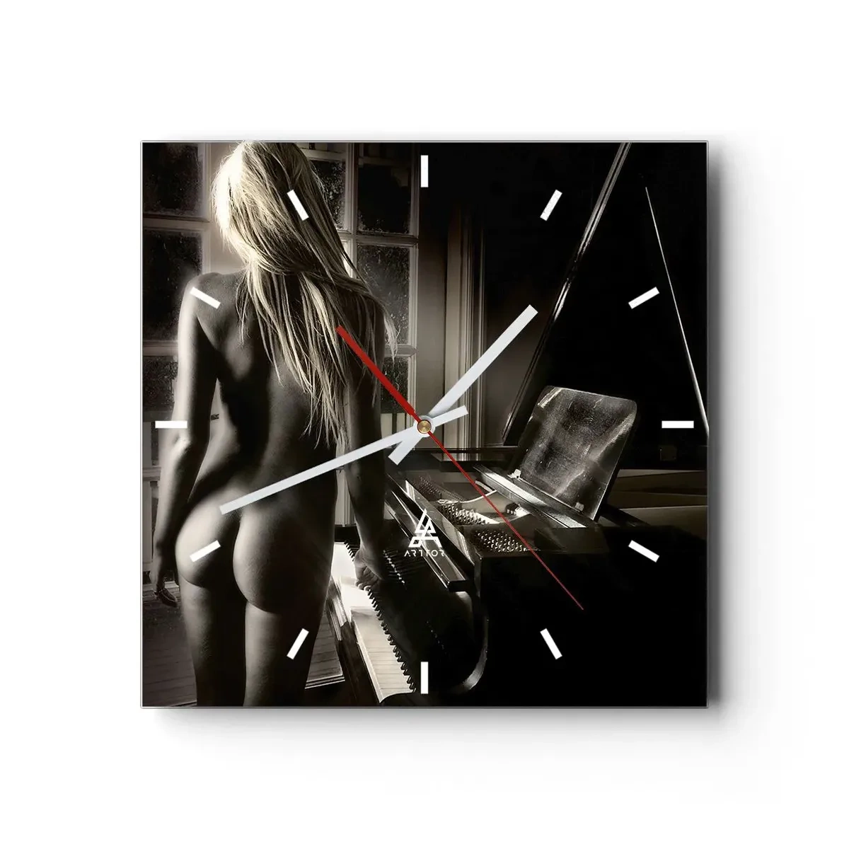 Orologio da parete - Orologio in Vetro - Nudo femminile al pianoforte in stile bianco e nero - 30x30cm - La perfetta armonia della sera - Decorazione murale moderna per soggiorno e camera da letto ARTTOR