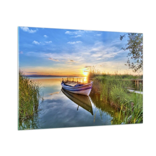 Quadro su vetro - Una barca ormeggiata sulla riva di un lago al tramonto - 100x70cm - L'insenatura dei sogni realizzati - Decorazione murale moderna per soggiorno e camera da letto ARTTOR