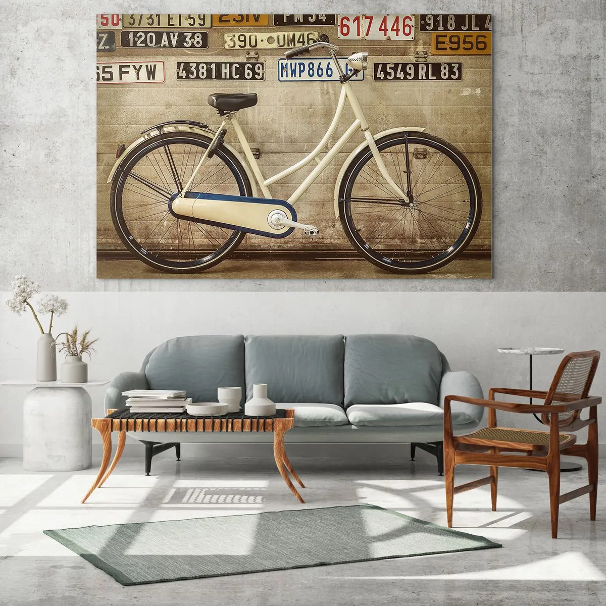 Quadro su vetro - Una vecchia bicicletta contro un muro con targhe - 100x70cm - Senza complessi - Decorazione murale moderna per soggiorno e camera da letto ARTTOR