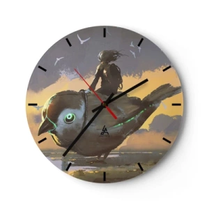 Orologio da parete - Orologio in Vetro - Una figura su un uccello meccanico in un paesaggio fantastico - 30x30cm - La sosta di un viaggio fantastico - Decorazione murale moderna per soggiorno, cucina e camera da letto ARTTOR
