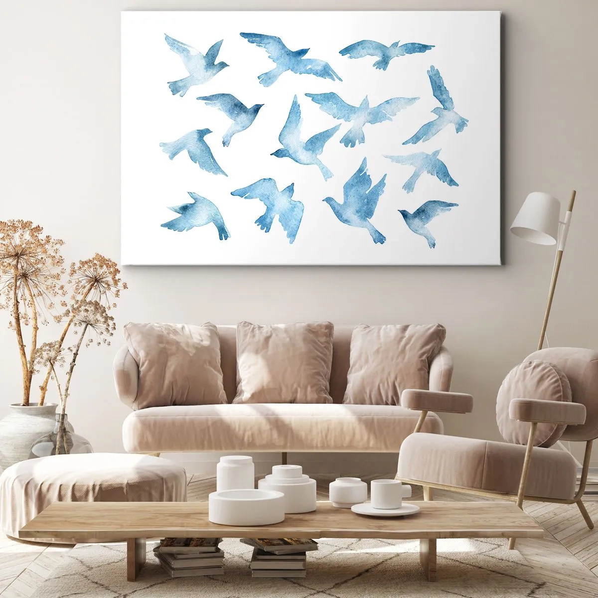 Quadro su tela - Stampe su Tela - Un delicato acquerello raffigurante uccelli in volo - 100x70cm - Uccelli del cielo - Decorazione murale moderna per soggiorno e camera da letto ARTTOR