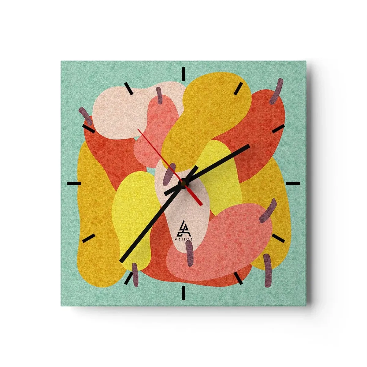 Orologio da parete - Orologio in Vetro - Pere astratte colorate su sfondo verde - 30x30cm - Assaggia il sole estivo - Decorazione murale moderna per soggiorno e camera da letto ARTTOR