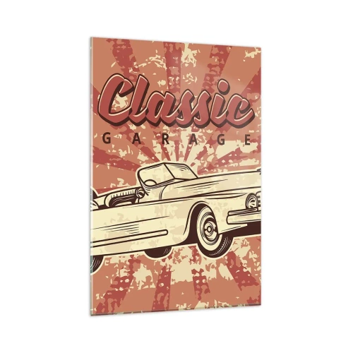 Quadro su vetro - Poster retrò con un'auto d'epoca e la scritta Classic Garage - 80x120cm - E alla radio Elvis - Decorazione murale moderna per soggiorno e camera da letto ARTTOR