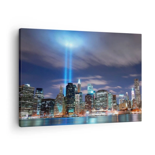 Quadro su tela - Stampe su Tela - Panorama notturno della città con due fasci di luce luminosi nel cielo - 70x50cm - Toccare il cielo con la luce - Decorazione murale moderna per soggiorno e camera da letto ARTTOR