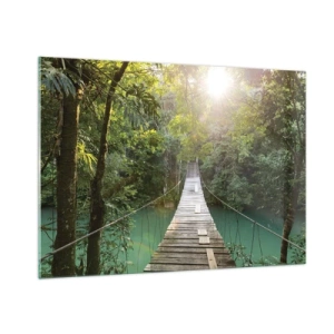 Quadro su vetro - Un ponte sospeso in una foresta tropicale illuminato dalla luce del sole. - 100x70cm - Sull'acqua azzurra verso il bosco azzurro - Decorazione murale moderna per soggiorno e camera da letto ARTTOR