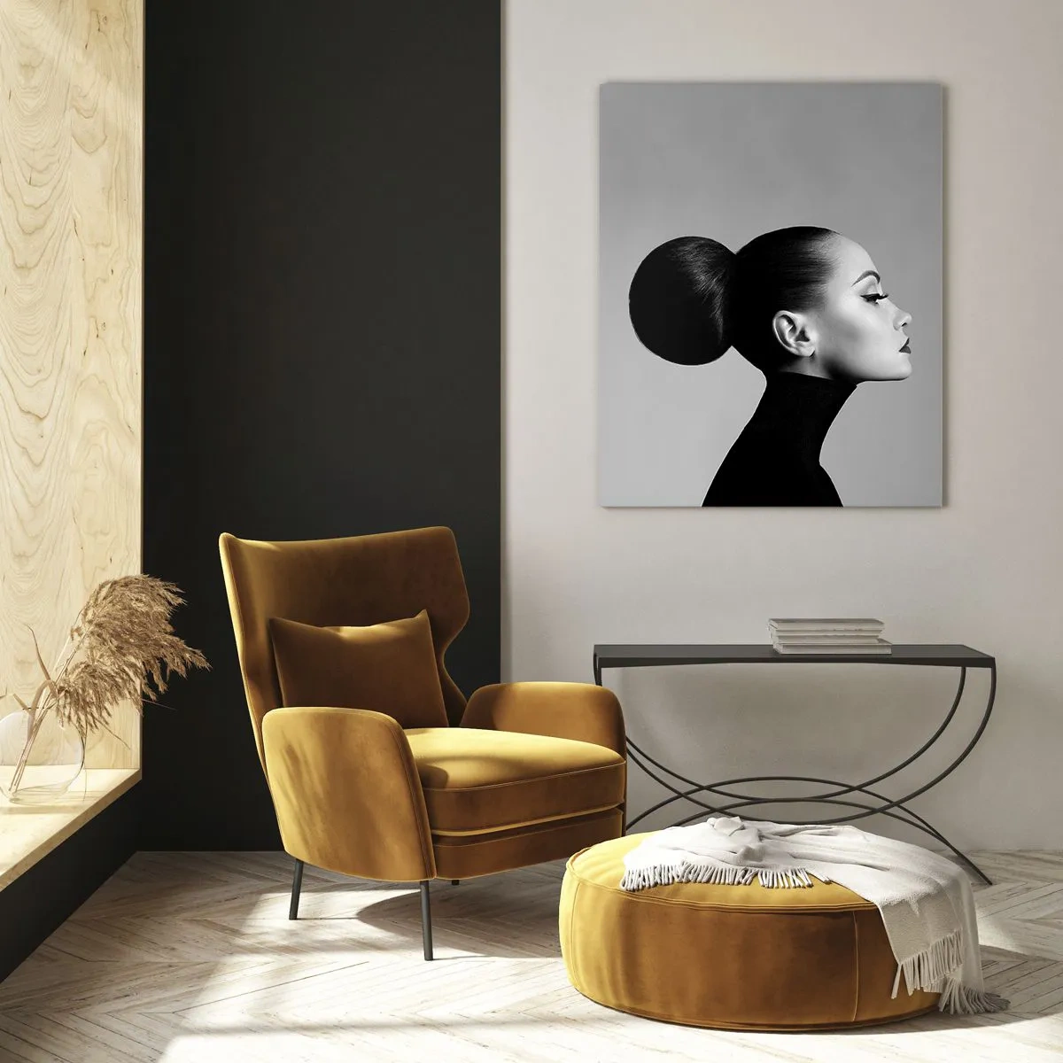 Quadro su vetro - Profilo di una donna in bianco e nero con un elegante chignon - 80x120cm - La Nefertiti di oggi - Decorazione murale moderna per soggiorno e camera da letto ARTTOR