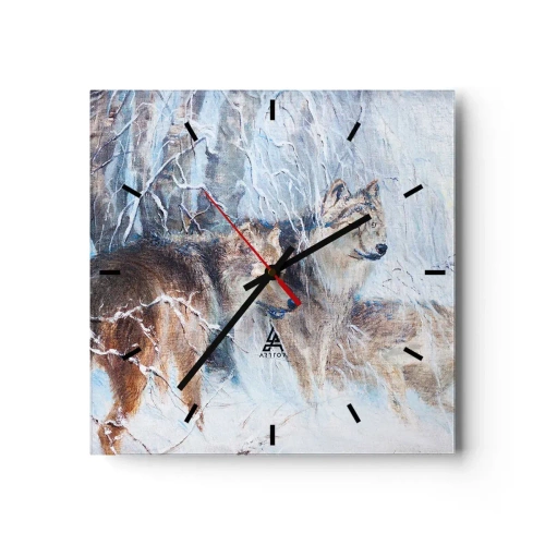 Orologio da parete - Orologio in Vetro - Lupi in una foresta invernale contro uno sfondo innevato - 30x30cm - Attenzione! In arrivo... - Decorazione murale moderna per soggiorno e camera da letto ARTTOR