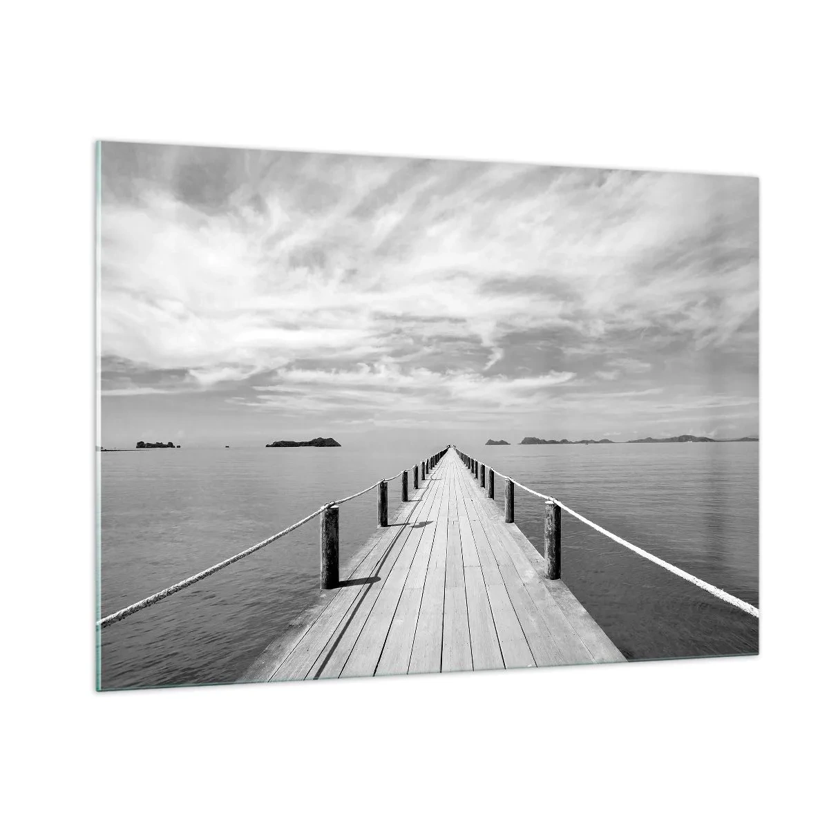 Quadro su vetro - Un molo di legno che si estende in lontananza attraverso un mare calmo - 100x70cm - Forse un viaggio... - Decorazione murale moderna per soggiorno e camera da letto ARTTOR