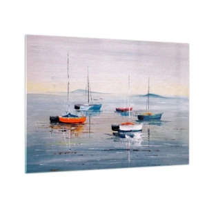 Quadro su vetro - Barche colorate che vanno alla deriva sulle acque calme al tramonto - 70x50cm - Meritato riposo - Decorazione murale moderna per soggiorno e camera da letto ARTTOR