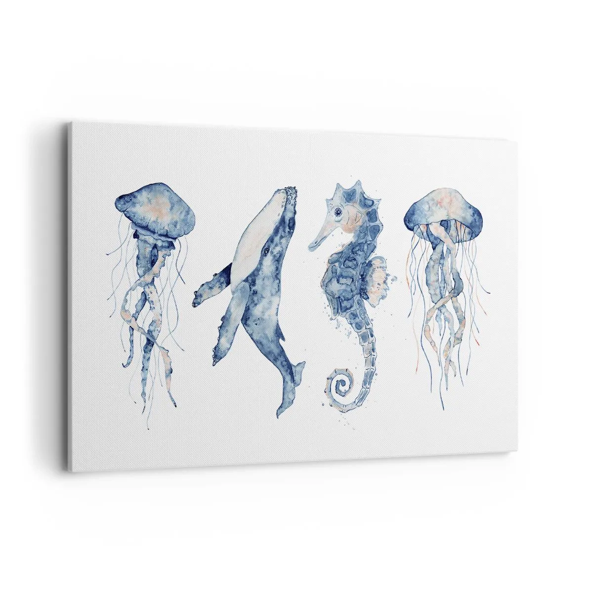Quadro su tela - Stampe su Tela - Medusa, balena e cavalluccio marino in stile acquerello - 120x80cm - Meraviglie del mare - Decorazione murale moderna per soggiorno e camera da letto ARTTOR