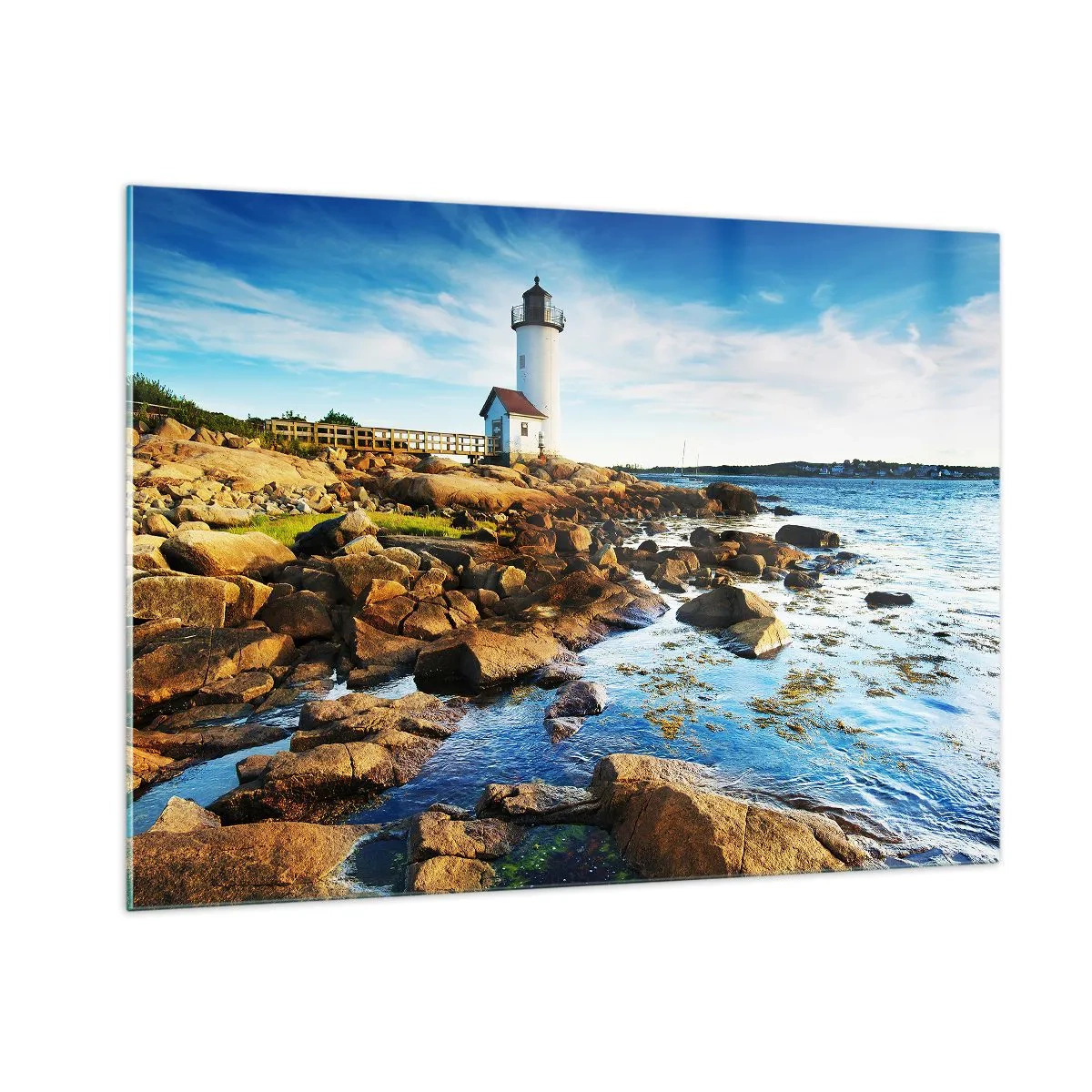 Quadro su vetro - Un faro su una costa rocciosa in una giornata di sole - 100x70cm - Tornate sani e salvi, vi aspetto - Decorazione murale moderna per soggiorno e camera da letto ARTTOR