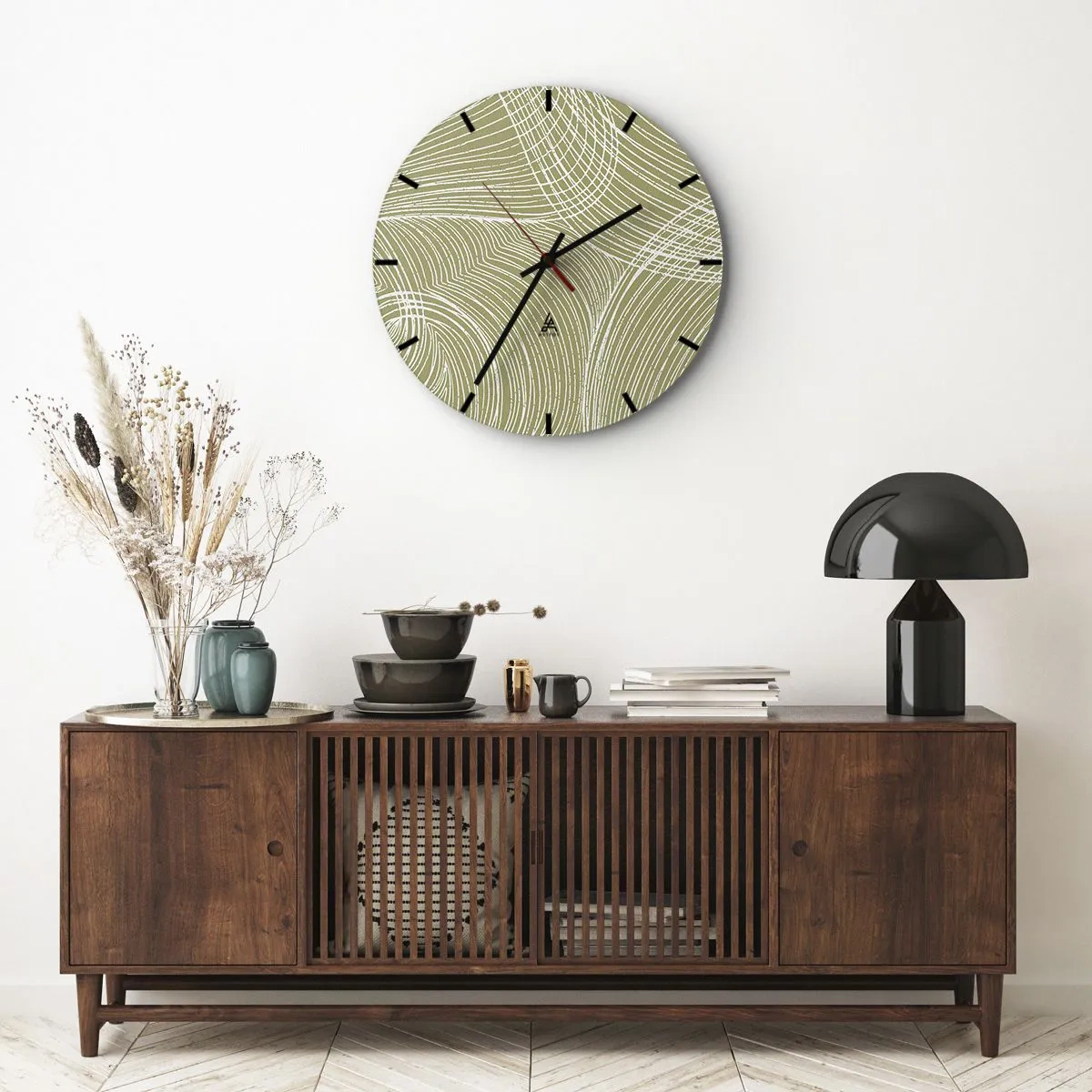 Orologio da parete - Orologio in Vetro - Uno sfondo beige con un intricato motivo bianco di linee e archi. - 30x30cm - Astrazione intricata in bianco - Decorazione murale moderna per soggiorno, cucina e camera da letto ARTTOR