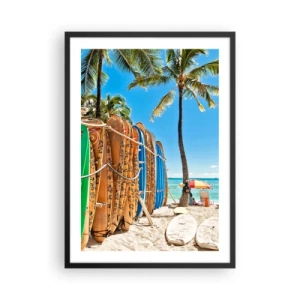 Poster in cornice nera - Tavole da surf su una spiaggia con palme e cielo azzurro - 50x70cm - Divertimento sotto il sole - Decorazione murale moderna per soggiorno e camera da letto ARTTOR