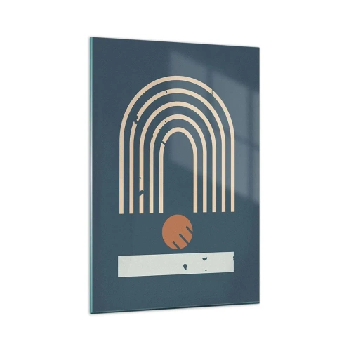 Quadro su vetro - Motivo geometrico nei toni del blu navy, beige e arancione su sfondo scuro - 80x120cm - Geometria in blu - Decorazione murale moderna per soggiorno e camera da letto ARTTOR