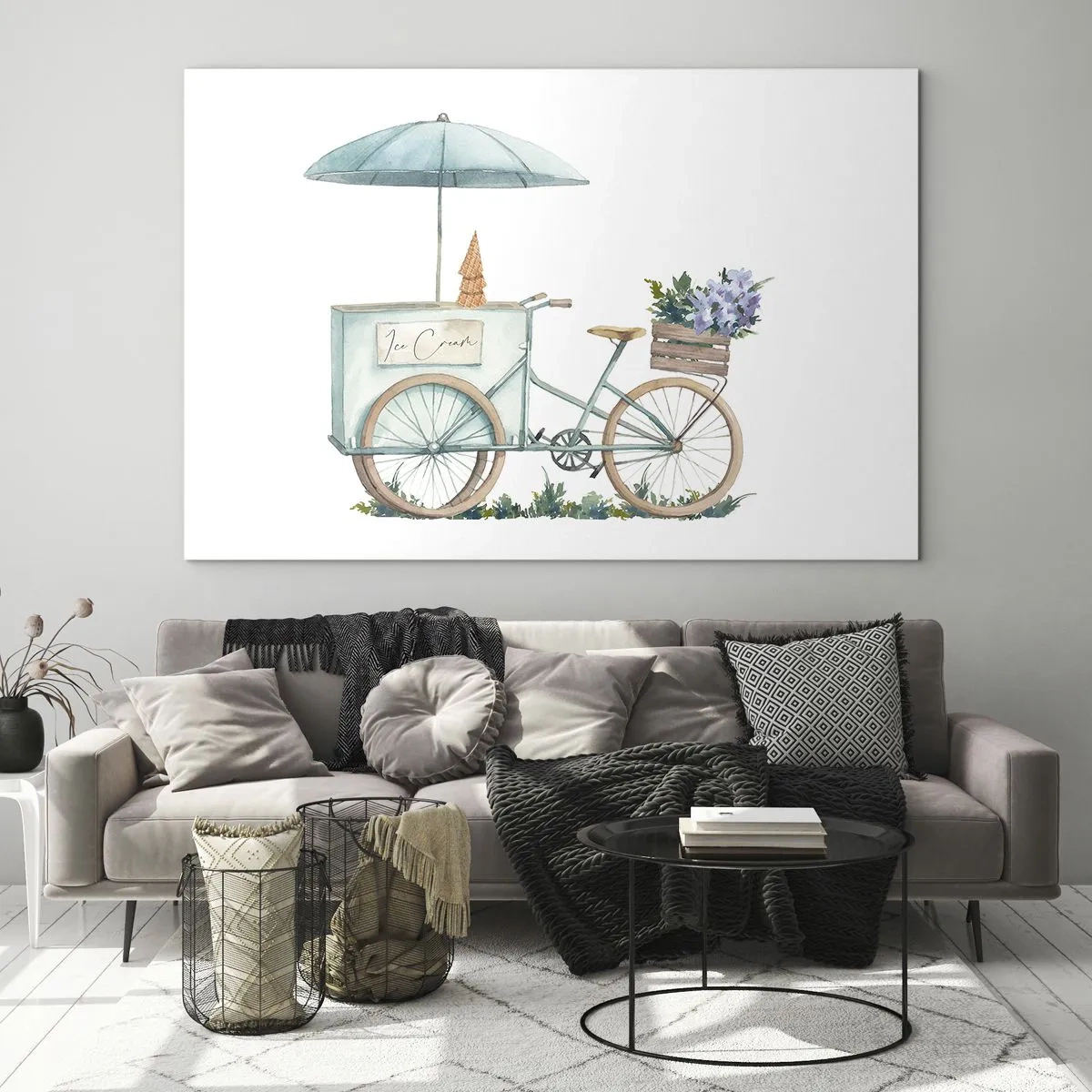Quadro su vetro - Una bicicletta con gelato e fiori pastello - 100x70cm - Dolce ricordo d'estate - Decorazione murale moderna per soggiorno e camera da letto ARTTOR